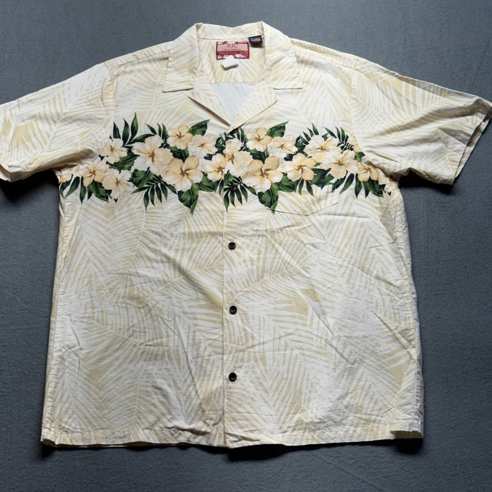 RJC Hawaiian Shirt Mens XL Floral Hibiscus Palm Leaf Cotton Made‎ in USA Cream